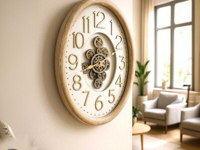 שעון גלגלי שיניים אובלי עץ מולבן 114