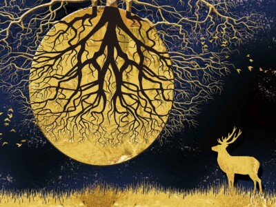 אייל זהוב ורקע ירח על עץ