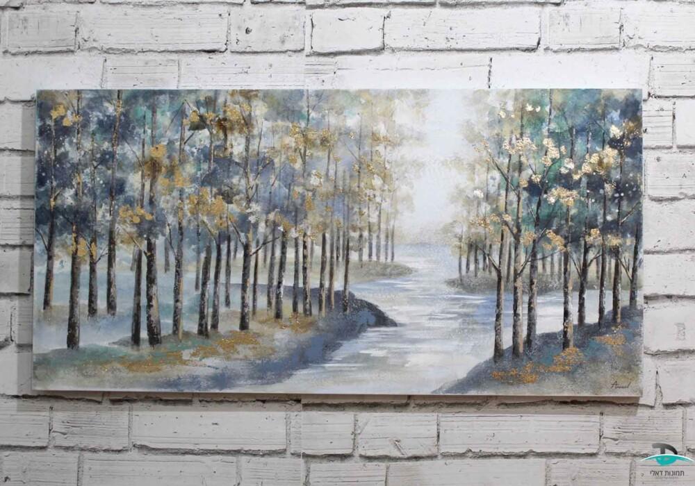 ציור יער בגווני כחול זהב תצוגה