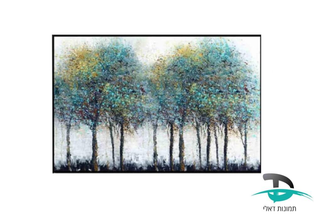 ציור שמן עצים טורקיז חרדל