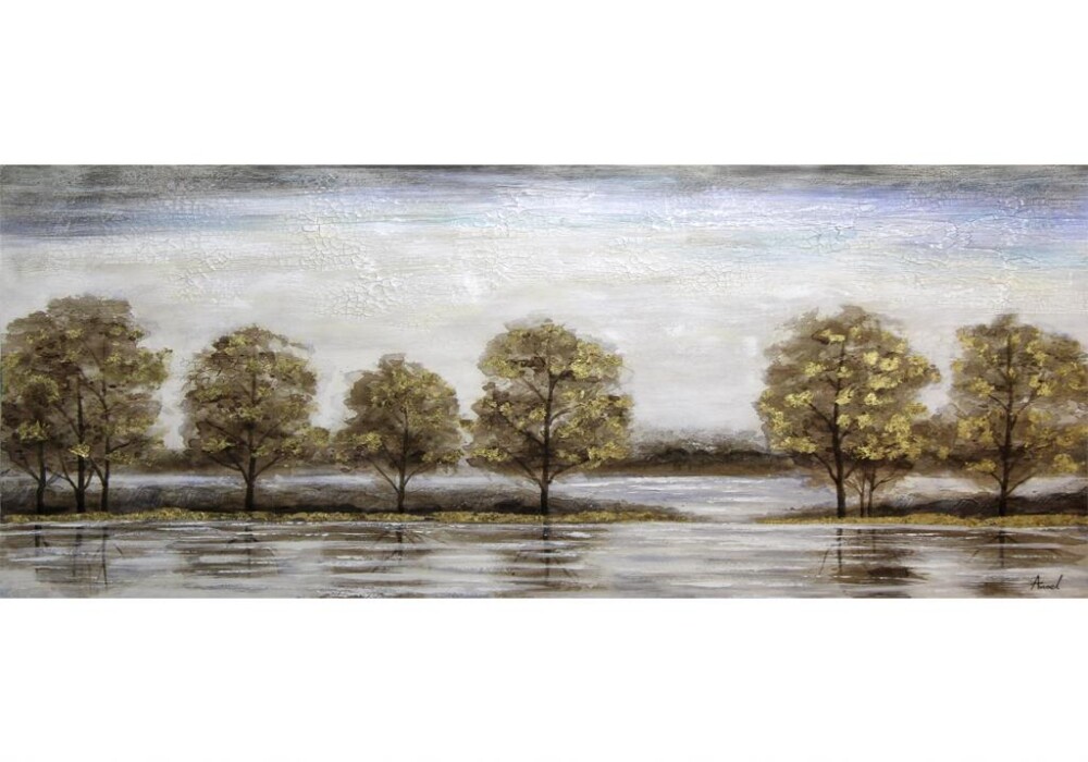 ציור שמן עצים על פני המים פנורמי