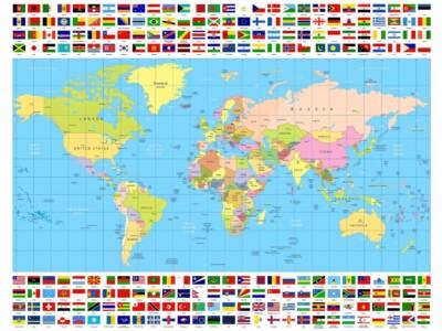 תמונה מפת העולם ודגלי מדינות מסגרת