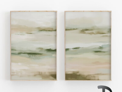 זוג תמונות בגווני ירוק בסגנון צבעי מים לחדרים בבית או במשרד דגם 4019