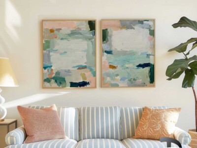 זוג תמונות, אמנות משיכות מכחול מופשטת צבעונית בגווני פסטל דגם 41641