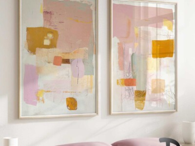 זוג תמונות, אמנות משיכות מכחול מופשטת צבעונית בגווני פסטל דגם 41671