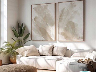 זוג תמונות אמנות משיכת מכחול מופשטת בגווני בז' דגם 41631