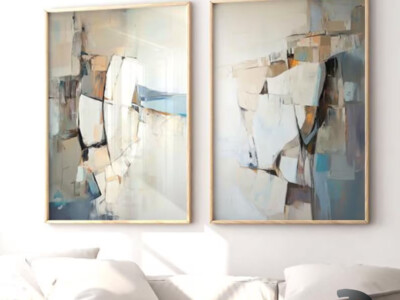 זוג תמונות אמנות משיכת מכחול מופשטת בגוונים כחולים ואדמתיים דגם 41622