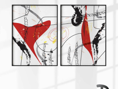 זוג תמונות בסגנון אקספרסיוניזם מופשט עם גוונים אדומים עזים דגם 4160