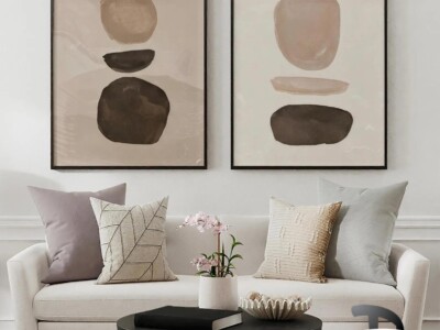 זוג תמונות בסגנון גאומטרי ומינימליסטי, מופשט בז', חום לסלון ולמשרד דגם 41241