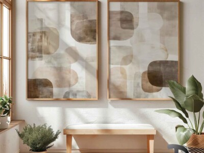 זוג תמונות בסגנון גאומטרי ומינימליסטי, מופשט בז', חום לסלון ולמשרד דגם 4125