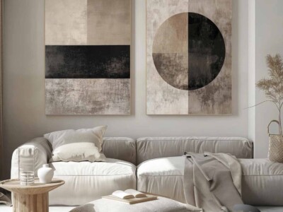 זוג תמונות בסגנון גאומטרי ומינימליסטי, מופשט בז', שחור לסלון ולמשרד דגם 41232