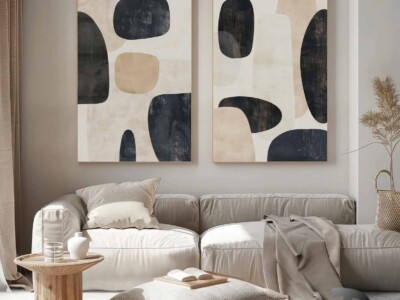 זוג תמונות בסגנון גאומטרי ומינימליסטי, מופשט בז', שחור לסלון ולמשרד דגם 4126