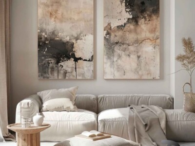 זוג תמונות בסגנון גאומטרי ומינימליסטי, מופשט בז', שחור לסלון ולמשרד דגם 41273