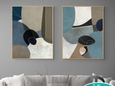 זוג תמונות בסגנון מופשט עכשווי בצבעי אדמה וכחול דגם 4154