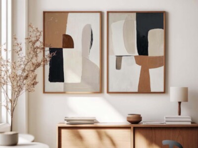 זוג תמונות בסגנון מופשט עכשווי בצבעי חום ואפור דגם 4166