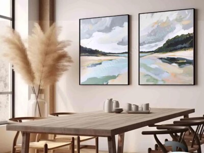 זוג תמונות בסגנון ציור שמן של נוף נהר דגם 4128