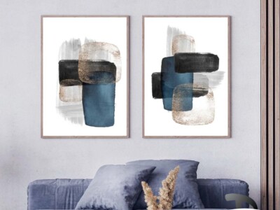 זוג תמונות בסגנון ציורי משיכות מכחול מופשטות בצבעי כחול דגם 41571