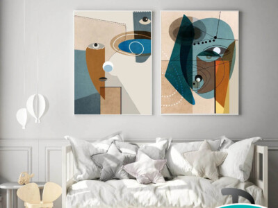 זוג תמונות דיוקן סוריאליסטי מודרני מופשט בגוונים כחולים וחומים דגם 4161