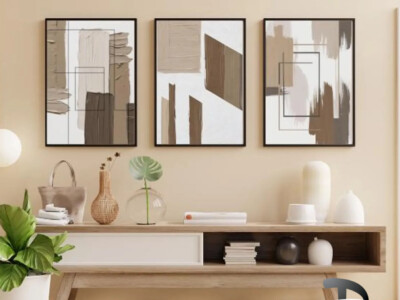 שלישיית תמונות בסגנון אבסטרקט בז' מופשט לסלון ולמשרד דגם 4118
