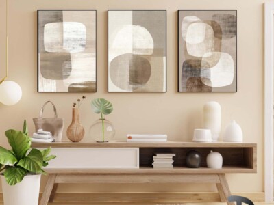 שלישיית תמונות בסגנון אבסטרקט בז' מופשט לסלון ולמשרד דגם 41193