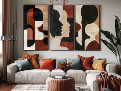 שלישיית תמונות בסגנון איור עכשווי בגווני חום חמים לסלון או למשרד דגם 4174
