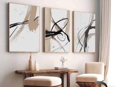 שלישיית תמונות בסגנון אקספרסיוניזם מופשט עכשווי לסלון או למשרד דגם 41733
