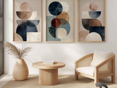 שלישיית תמונות בסגנון גאומטרי בז', ירוק לסלון ולמשרד דגם 41201