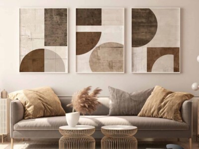 שלישיית תמונות בסגנון נורדי בז', חום לסלון ולמשרד דגם 4121