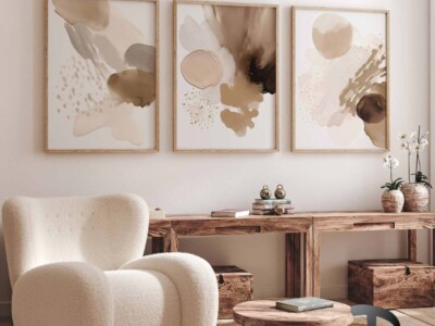 שלישיית תמונות בסגנון צבעי מים בגווני בז' לסלון ולמשרד דגם 4111