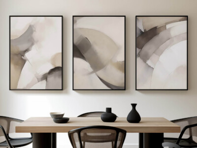 שלישיית תמונות בסגנון צבעי מים, גווני פסטל לסלון ולמשרד דגם 4131