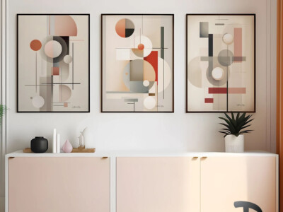 שלישיית תמונות בסגנון קונסטרוקטיביזם בצבעי פסטל לסלון ולמשרד דגם 41101