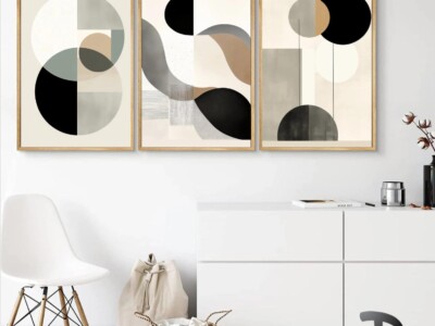 שלישיית תמונות מינימליסטיות באפור, בז' ושחור לסלון ולמשרד דגם 41091