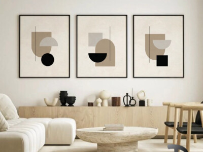 שלישיית תמונות מינימליסטיות באפור, בז' ושחור לסלון ולמשרד דגם 41172