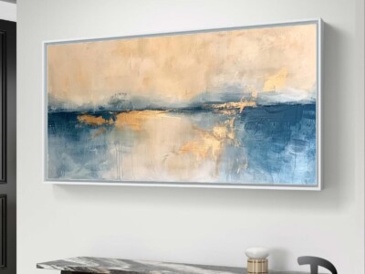 תמונה בסגנון מופשט עכשווי של נוף, בגוונים כחולים וזהובים לסלון או למשרד דגם 41531