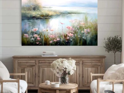תמונה בסגנון ציור שמן של נהר ופרחים לסלון או למשרד דגם 41751