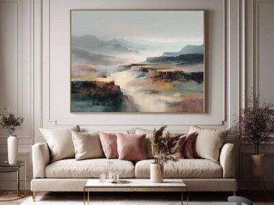 תמונה מודרנית וריאליסטית של טבע בצבעי כחול, אפור ואדמתי לסלון או למשרד דגם 4143