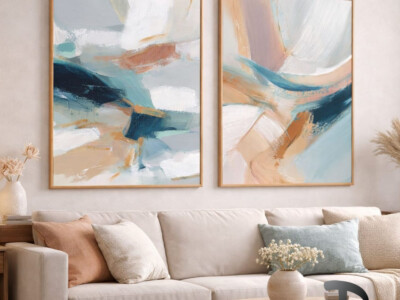 סט זוג תמונות אבסטרקטיות בגווני תכלת וורוד לסלון או למשרד דגם 4187 копия