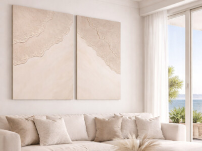 זוג ציורי שמן ים אבסטרקט לבן 00112